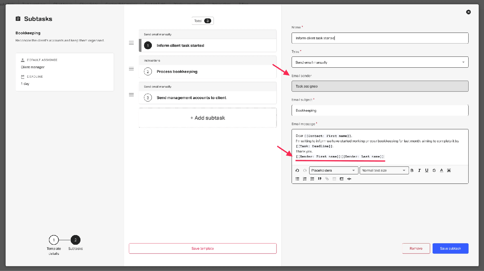 Pixie's Bookkeeping template with a Send email manually subtask open — email sender set to the task assignee, and a message using placeholders for the contact's first name, the task deadline and the sender's name, marked with pink tutorial arrows