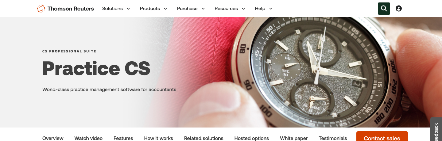 The Thomson Reuters Practice CS product page — "CS Professional Suite, Practice CS, World-class practice management software for accountants" over a photo of a wristwatch, with tabs for Overview, Features, How it works, Hosted options and Testimonials and an orange Contact sales button