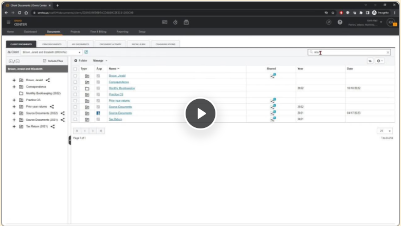 Onvio Center's Client Documents screen in a browser — a client's folder tree with Correspondence, Monthly Bookkeeping, Practice CS, Prior year returns, Source Documents and Tax Return folders, and a document list with shared, year and date columns, under a video play button