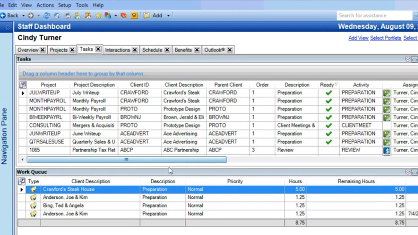 The Practice CS Staff Dashboard for a staff member — a Tasks grid of projects such as July Writeup, Monthly Payroll and a 1065 Partnership Tax Return with client, order, ready status and activity, and a Work Queue below with priority and remaining hours