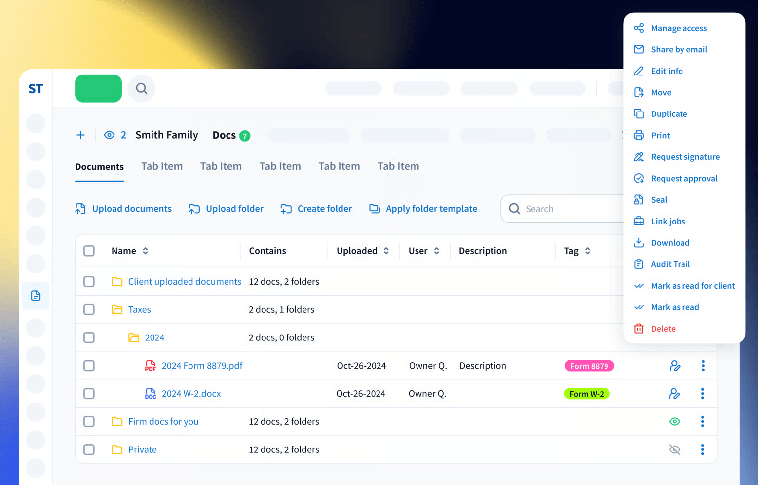 TaxDome's client documents view for the Smith Family — folders for client uploads, taxes, firm documents and private files, a 2024 Form 8879 and W-2 tagged by type, and a menu offering request signature, request approval, seal, link jobs and audit trail