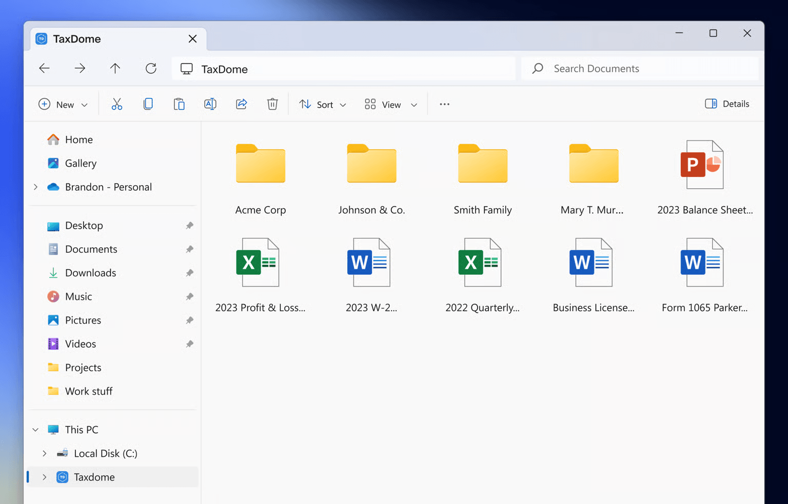 TaxDome Drive mounted in Windows File Explorer — client folders such as Acme Corp, Johnson & Co. and Smith Family beside a balance sheet, W-2 and Form 1065, with a Search Documents box