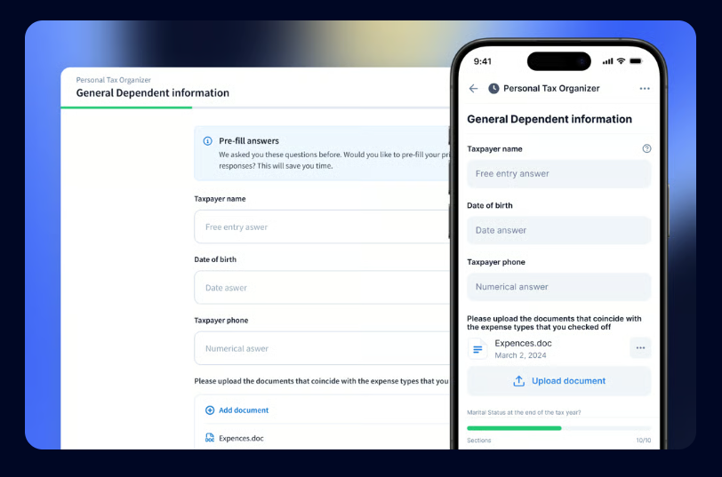 A TaxDome Personal Tax Organizer on the web and in the mobile app — General Dependent information with taxpayer name, date of birth and phone, an offer to pre-fill answers from last year, and a document upload for checked expense types