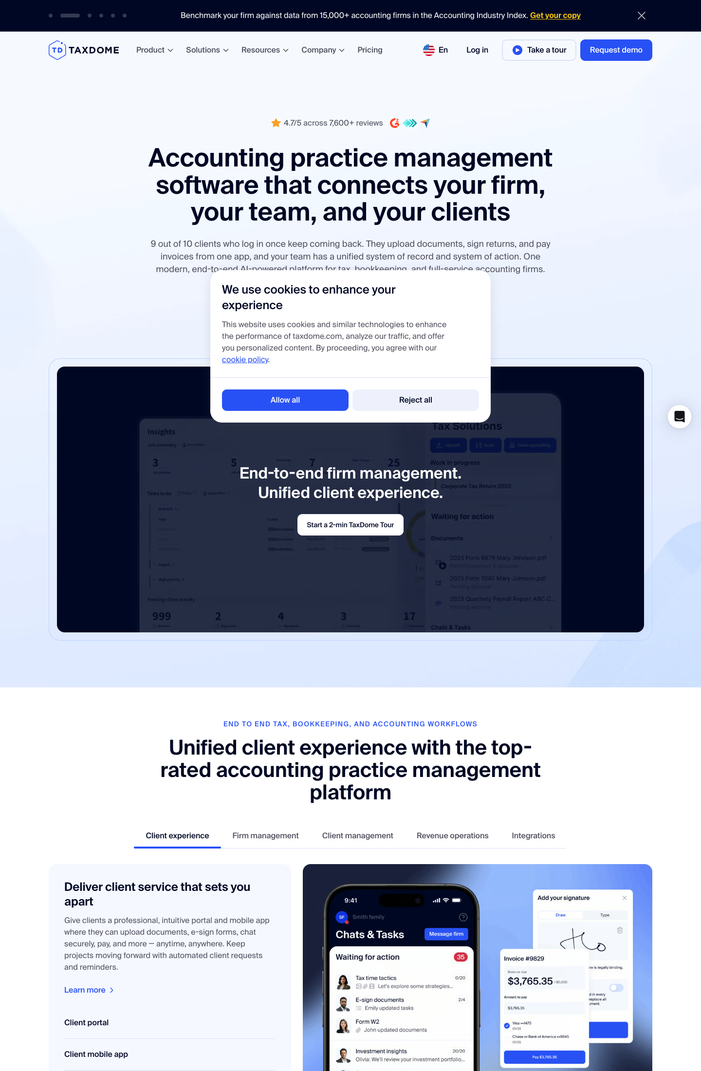 The TaxDome homepage: "Accounting practice management software that connects your firm, your team, and your clients" under a 4.7/5 across 7,600+ reviews line, a dark product panel captioned "End-to-end firm management. Unified client experience." and, lower, a phone mockup of the client app's Chats & Tasks screen next to an "Add your signature" dialog and an invoice for $3,765.35