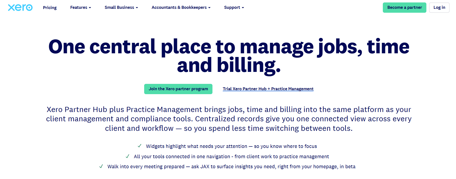 Xero's Partner Hub plus Practice Management page — "One central place to manage jobs, time and billing", with Join the Xero partner program and trial links