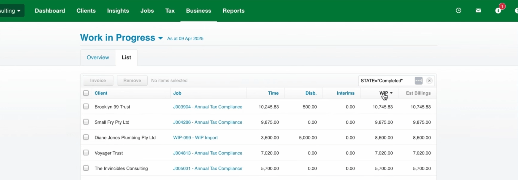 Xero Practice Manager's Work in Progress list — completed Annual Tax Compliance jobs per client with time, disbursements, interims, WIP and estimated billings, and an Invoice button