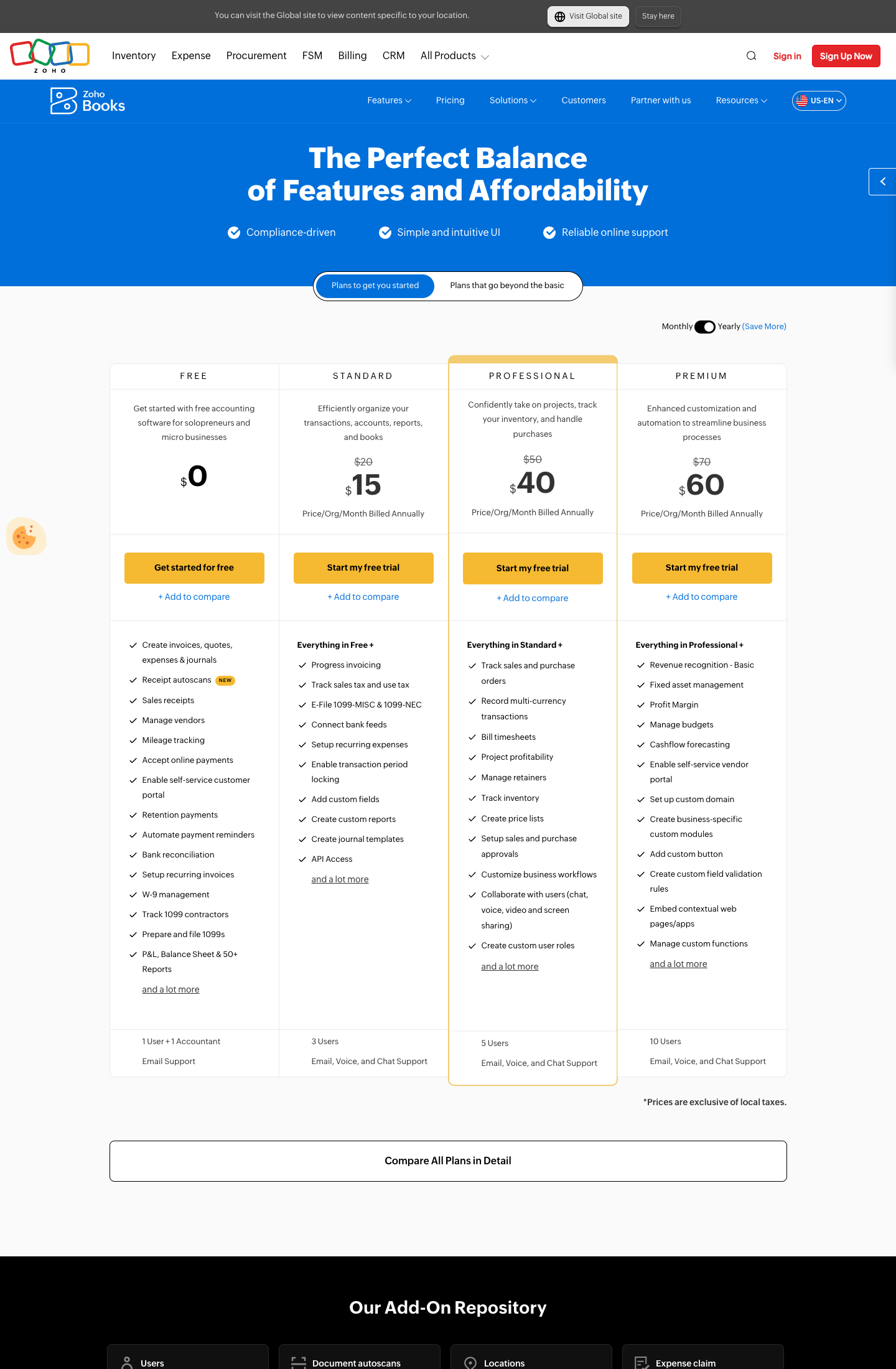 Zoho Books' US pricing page: four cards reading Free $0, Standard $15, Professional $40 and Premium $60 per org per month billed annually, with "Bill timesheets" and "Project profitability" listed under Professional and user limits of 1, 3, 5 and 10 along the bottom