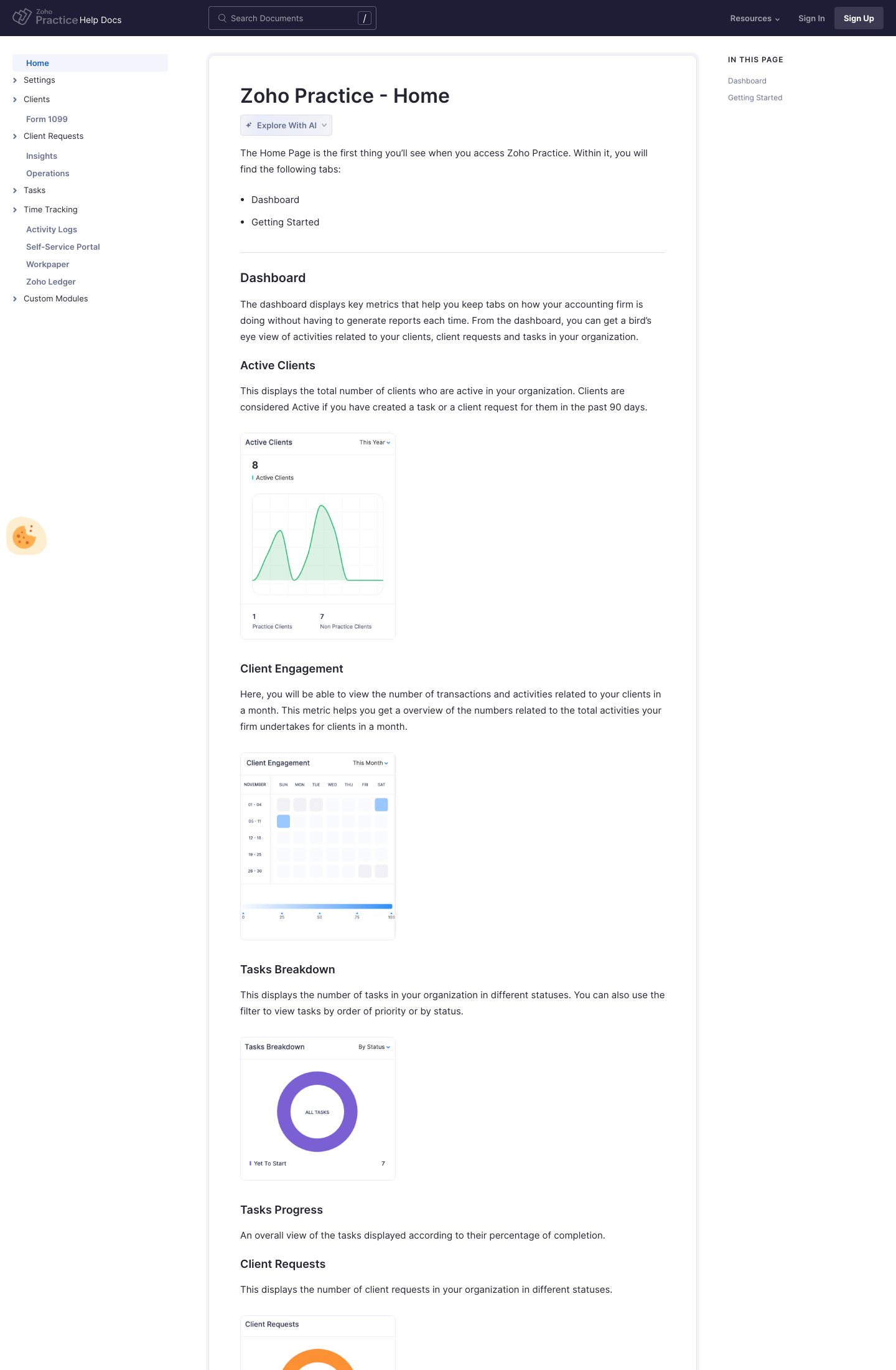 The Zoho Practice help center home page: a left menu listing Settings, Clients, Form 1099, Client Requests, Insights, Operations, Tasks, Time Tracking, Activity Logs, Self-Service Portal, Workpaper, Zoho Ledger and Custom Modules, and a main column explaining the dashboard's Active Clients chart, Client Engagement calendar and Tasks Breakdown donut