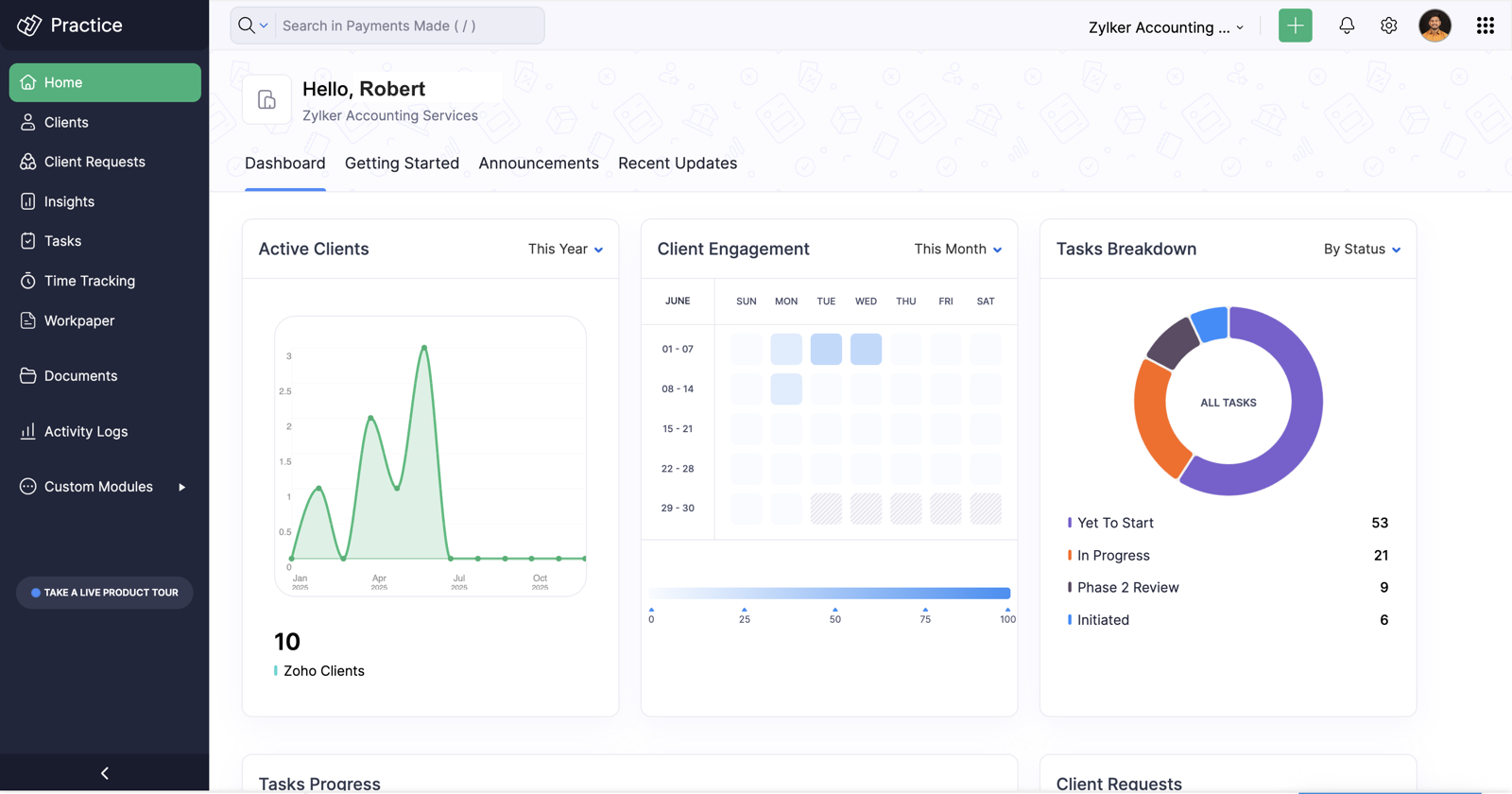 Inside Zoho Practice: the home dashboard of the demo firm Zylker Accounting Services, with a left nav of Clients, Client Requests, Insights, Tasks, Time Tracking, Workpaper, Documents, Activity Logs and Custom Modules, an Active Clients line chart reading 10 Zoho Clients, a Client Engagement heatmap for one month, and a Tasks Breakdown donut with Yet To Start 53, In Progress 21, Phase 2 Review 9 and Initiated 6