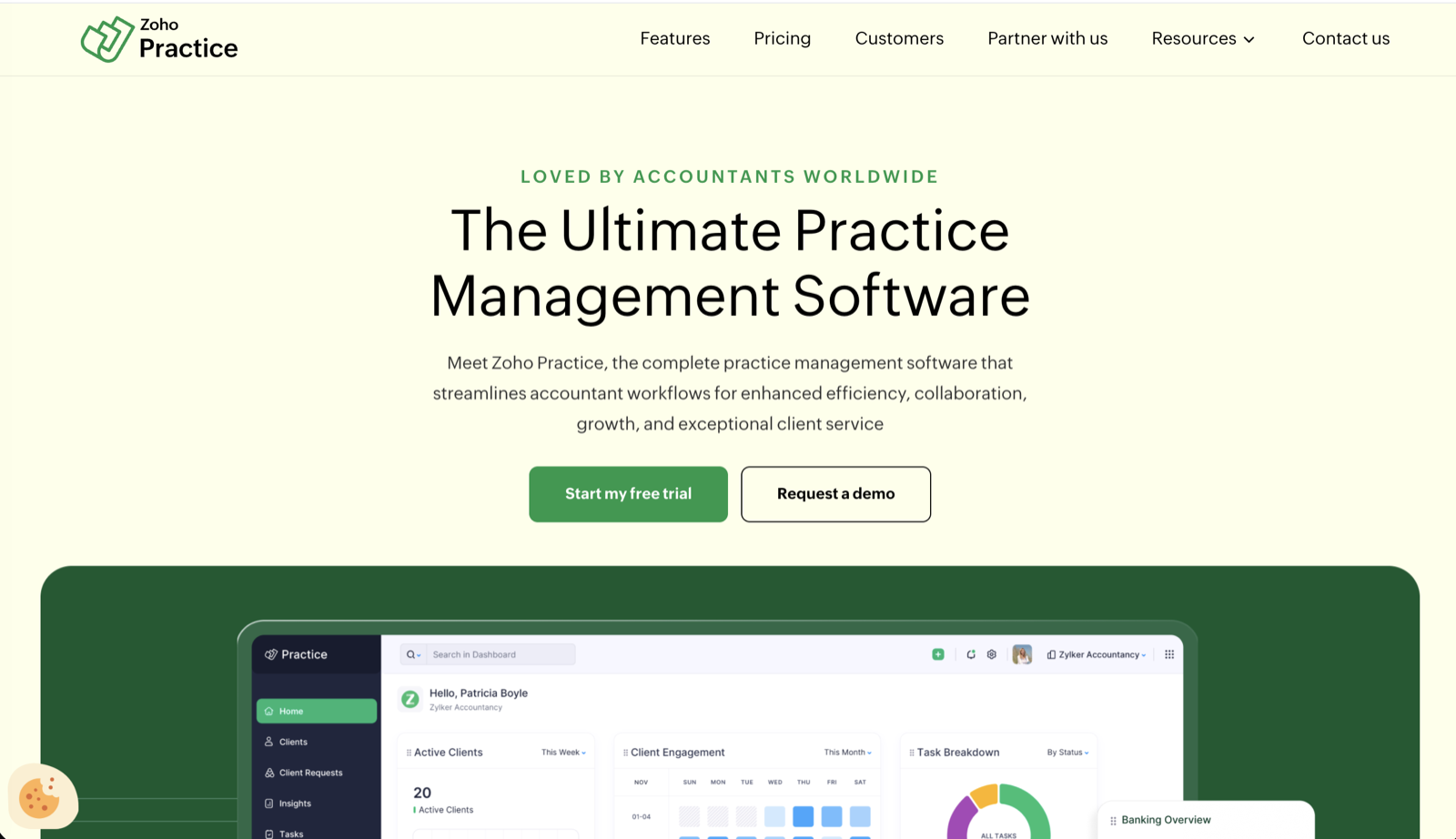 Zoho Practice's homepage: the headline "The Ultimate Practice Management Software" over a green "Start my free trial" button, above a dashboard for the demo firm Zylker Accountancy with Active Clients, a Client Engagement calendar heatmap and a Task Breakdown donut
