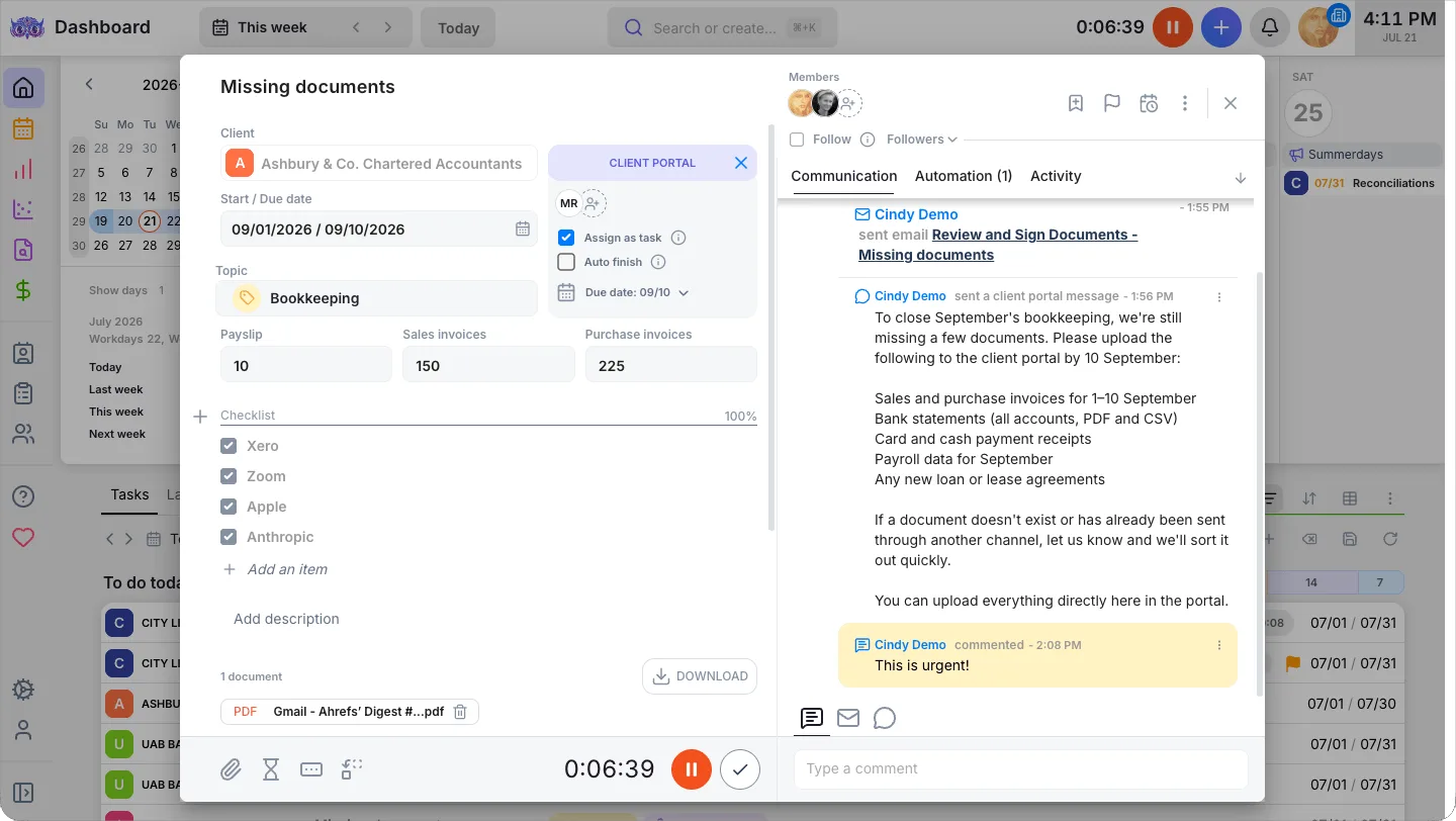 Uku accounting task dashboard — tasks, deadlines, recurring work and client emails as tasks in one daily list