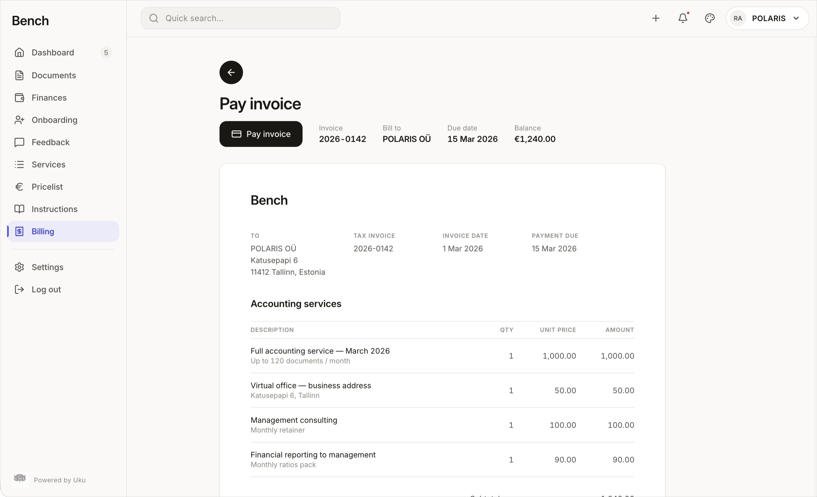 Uku Client Portal — a client paying an invoice online with one click, every issued invoice visible in the Billing tab