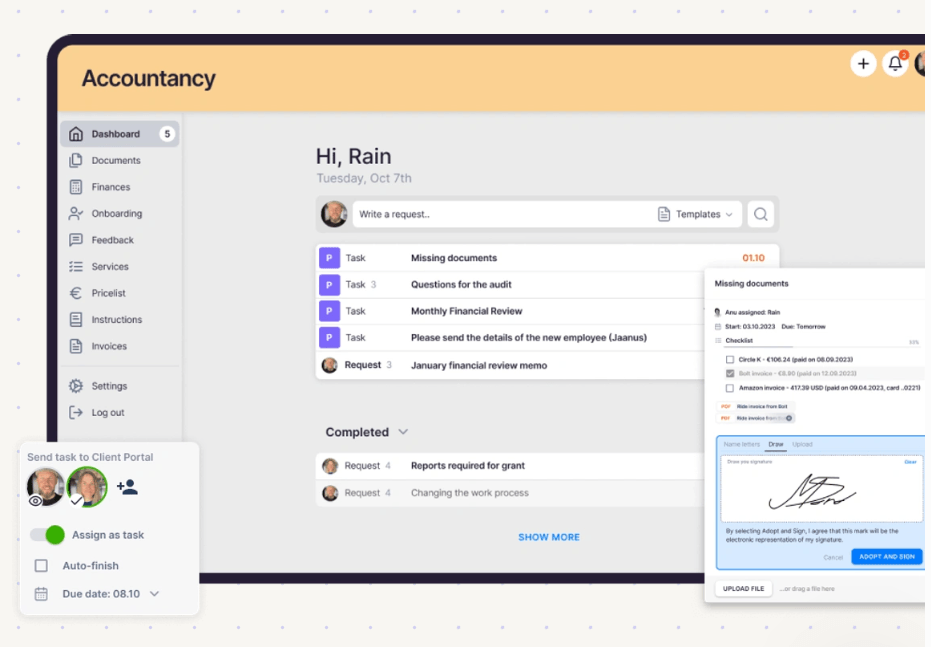 Uku's client portal for an accountancy — a dashboard of tasks and requests such as Missing documents and Questions for the audit, a Send task to Client Portal panel with a due date, and the Missing documents task open with its checklist of invoices and a drawn e-signature