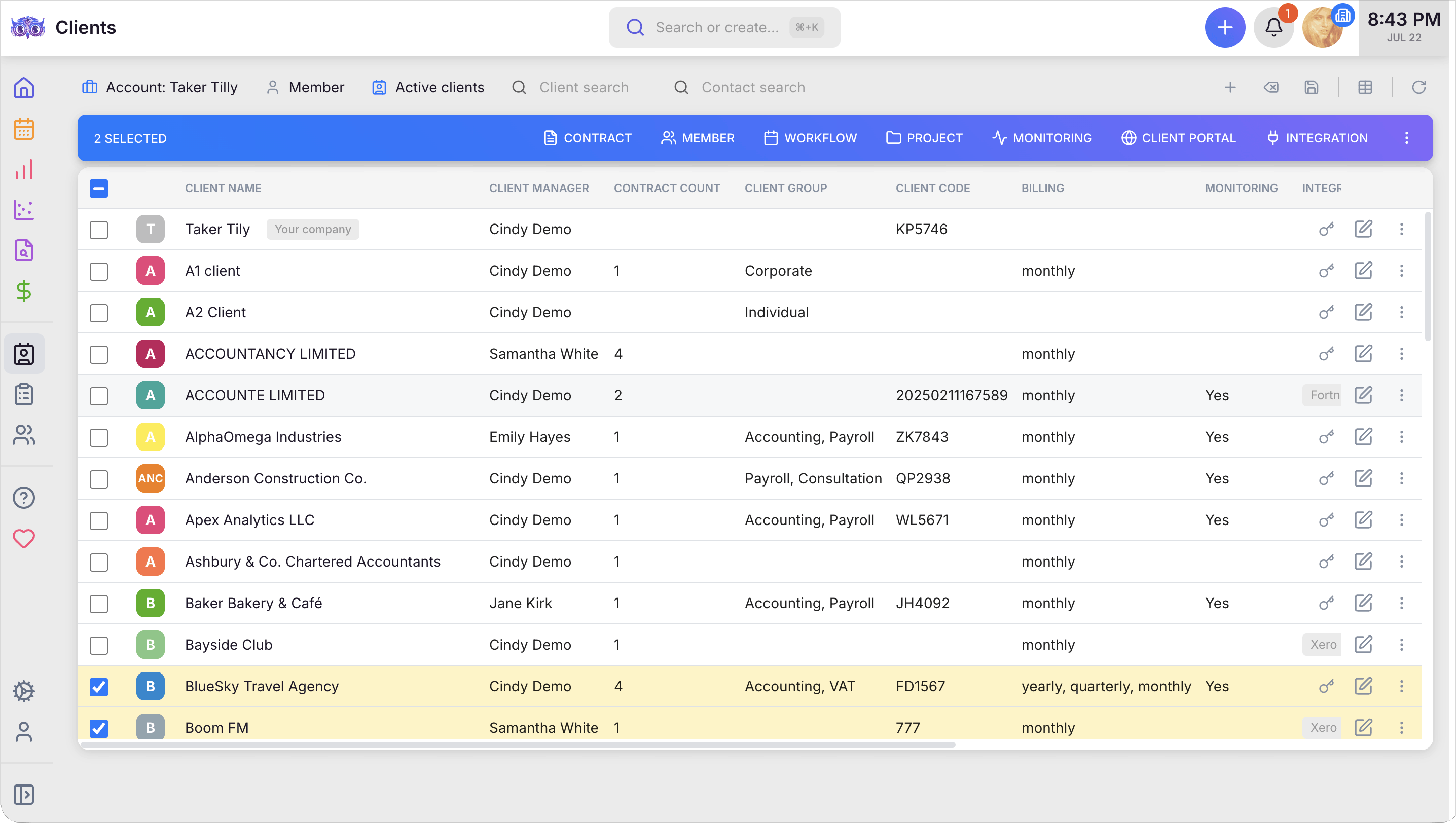 Uku accounting CRM — the client list with managers, billing, monitoring, and integrations