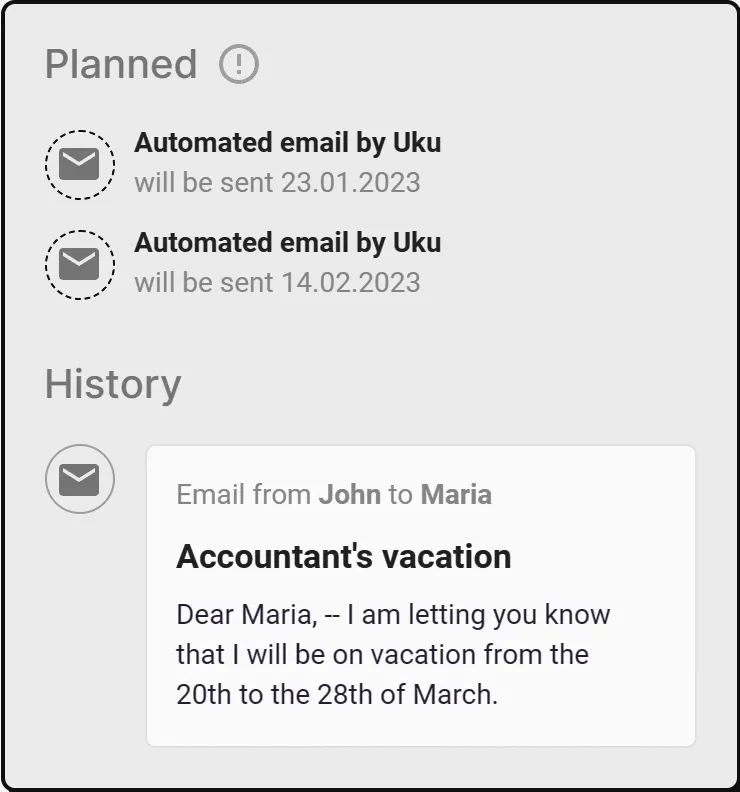 Uku client communication timeline showing all team emails