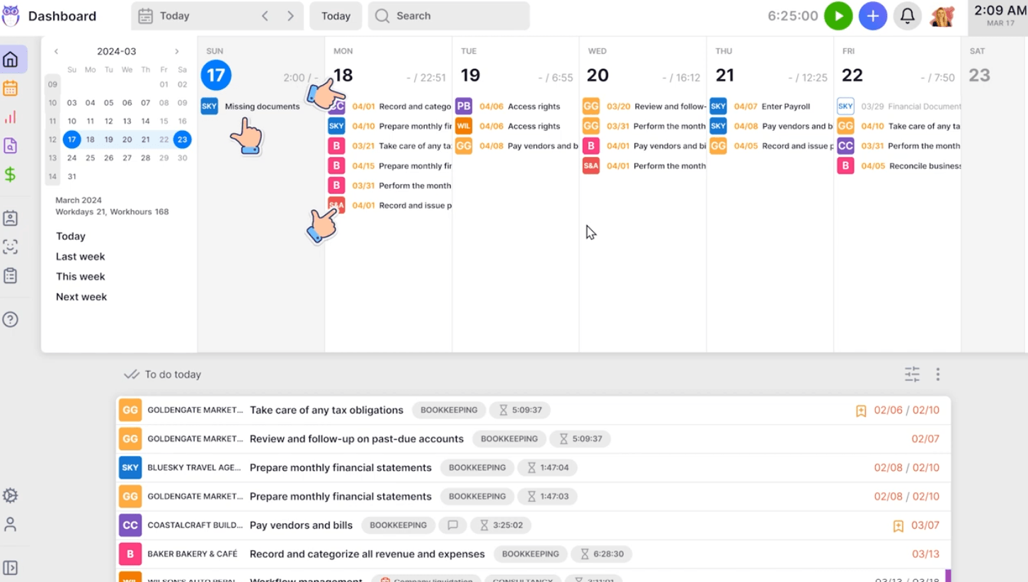 Uku's dashboard — a week calendar with each client's tasks colour-coded by client and due date, a month picker with workdays and work hours, and a To do today list of bookkeeping tasks with tracked time per task