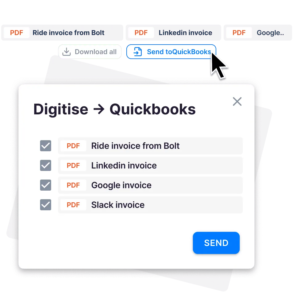 Digitize to QuickBooks — select invoices and send with one click