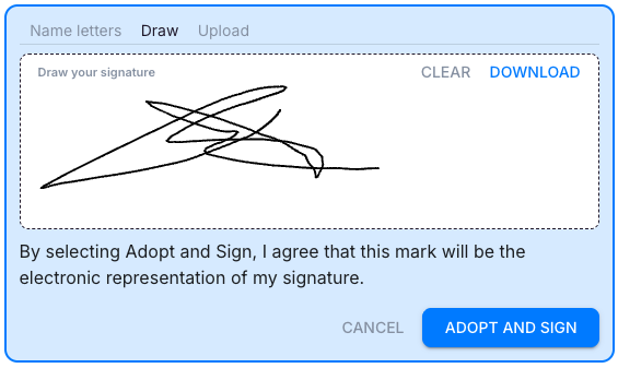 Uku's e-signature panel with the Draw tab open, showing a hand-drawn signature and the Adopt and Sign button