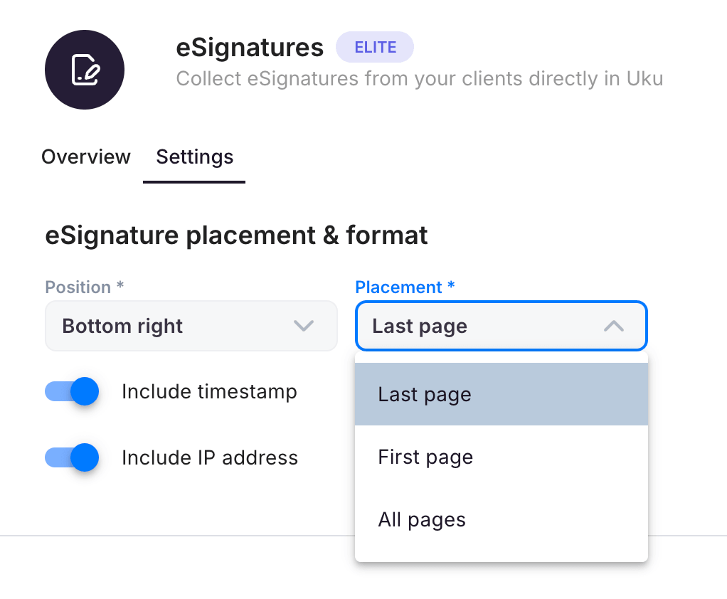 Uku's eSignatures settings with position set to bottom right, the placement dropdown open on last page, first page and all pages, and timestamp and IP address switched on