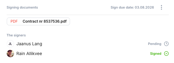 Signer status in Uku showing one signer still pending and one already signed