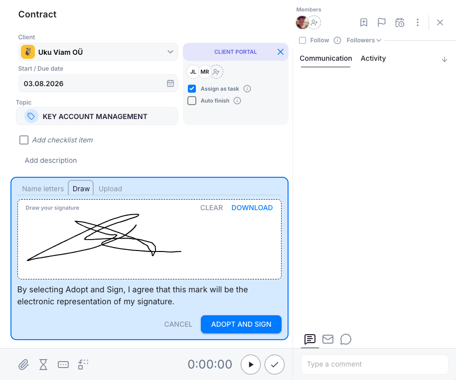 A contract task in Uku with the e-signature panel open — client, due date, and the signature canvas