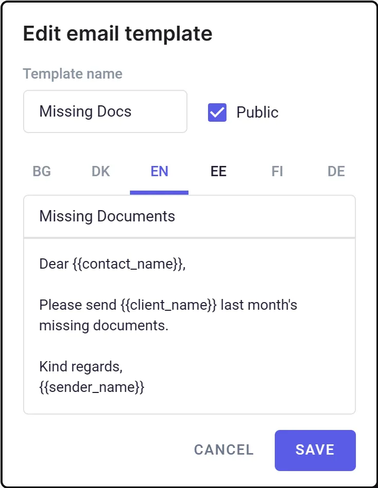 Uku email templates with placeholder variables