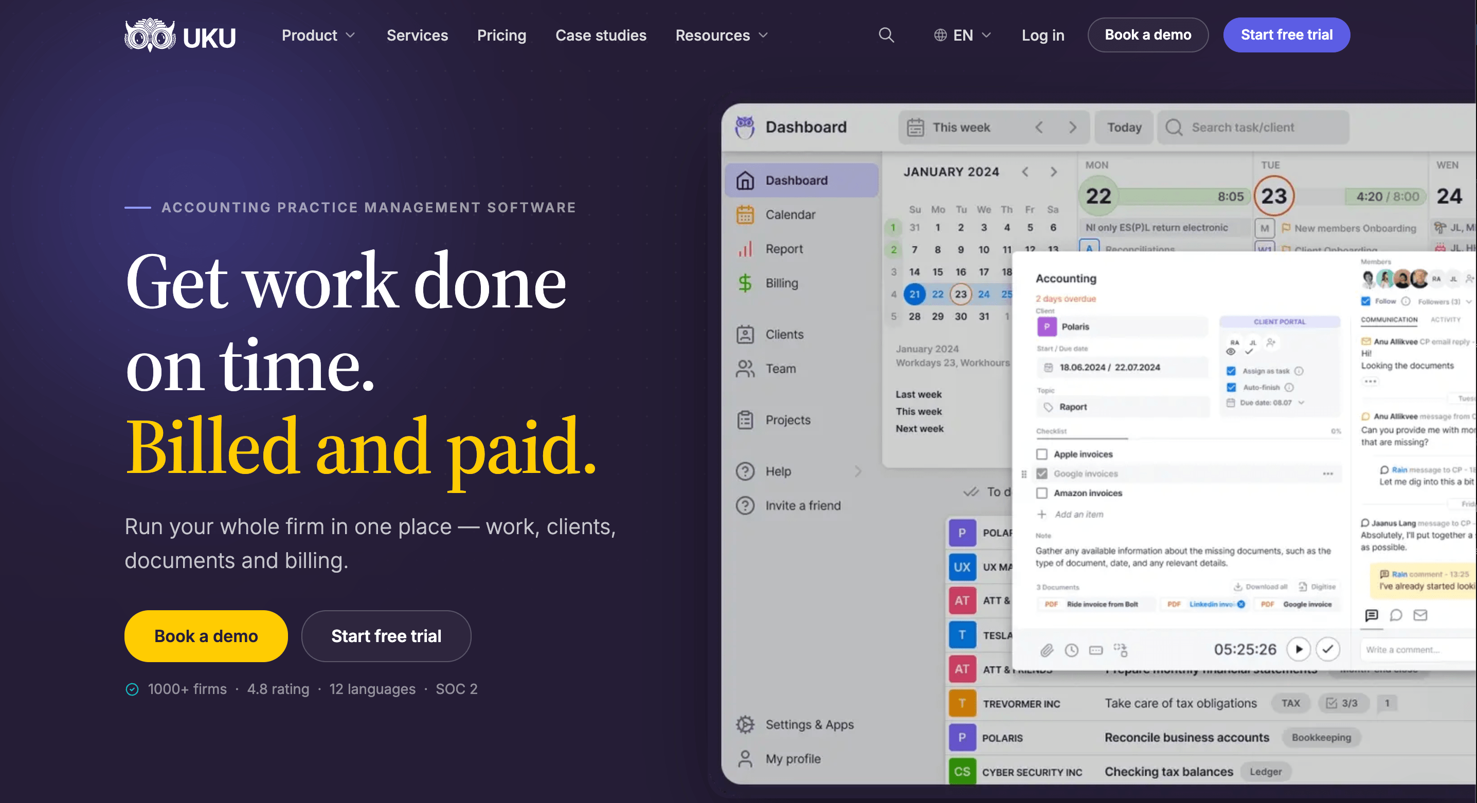 The Uku homepage — "Get work done on time. Billed and paid." over the dashboard, with a task open showing its checklist, client portal panel and running timer
