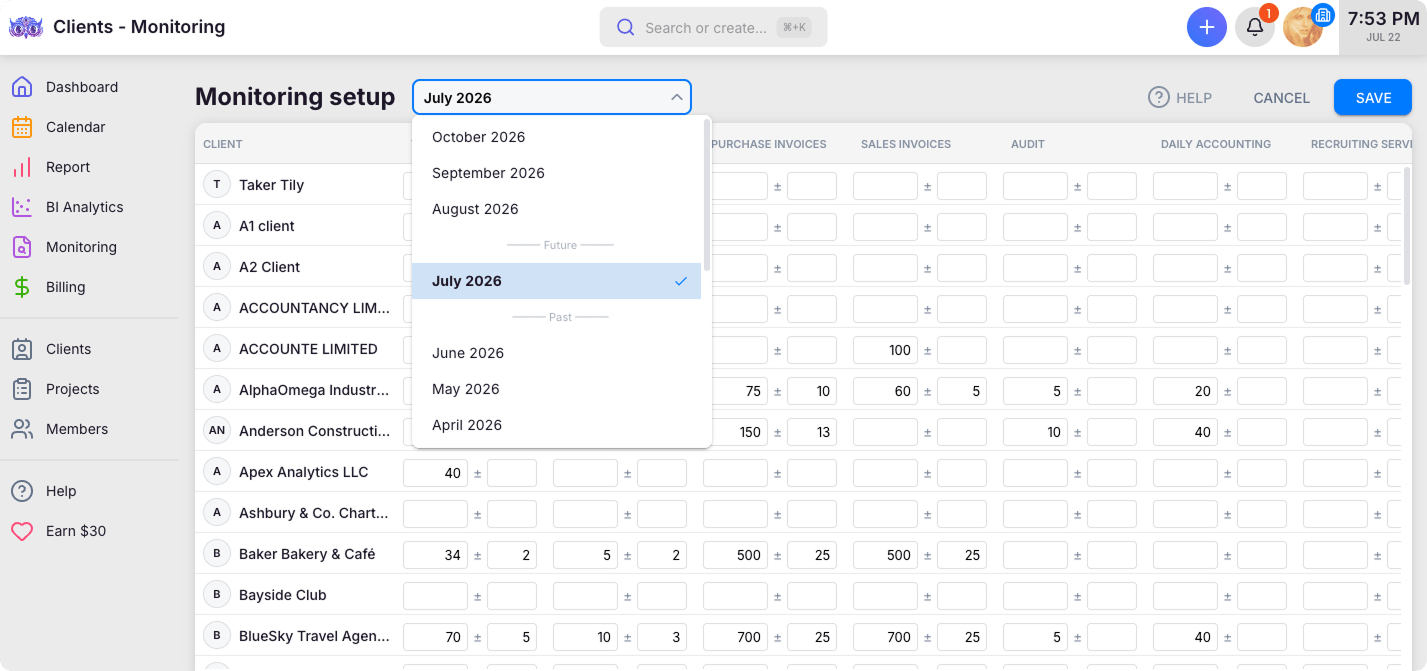 Uku monitoring setup — set the expected volume per client and category (purchase/sales invoices, audit, daily accounting) for a whole month in one bulk screen