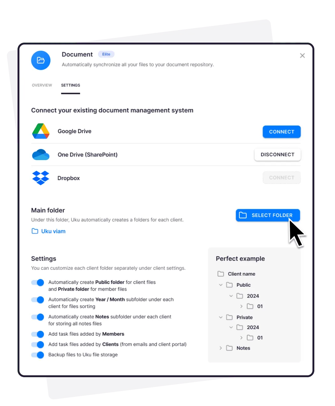 Uku Documents settings — Google Drive, OneDrive, folder structure configuration