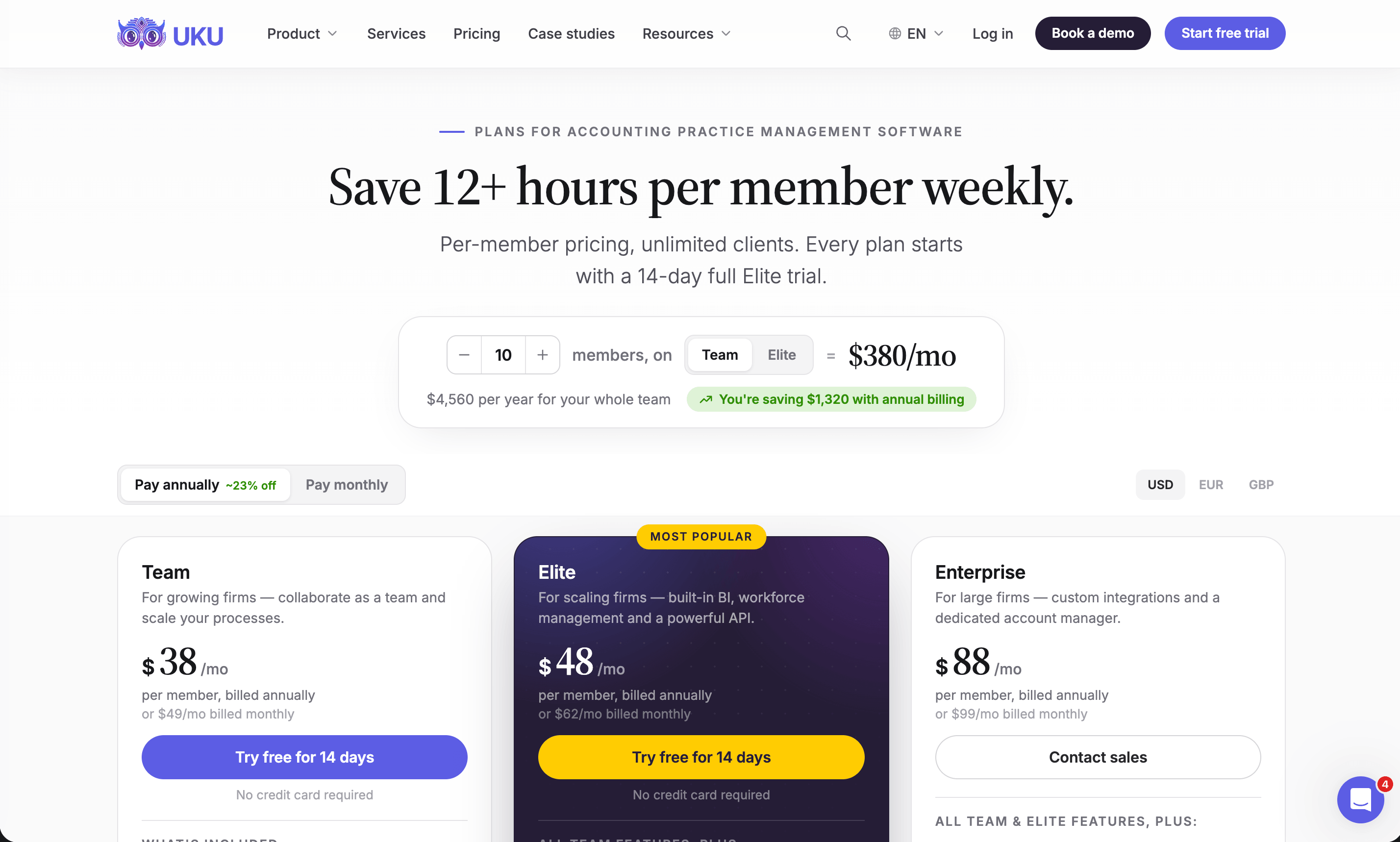 Uku pricing in USD — a team-size calculator, then Team at $38, Elite at $48 (most popular) and Enterprise at $88 per member per month on annual billing