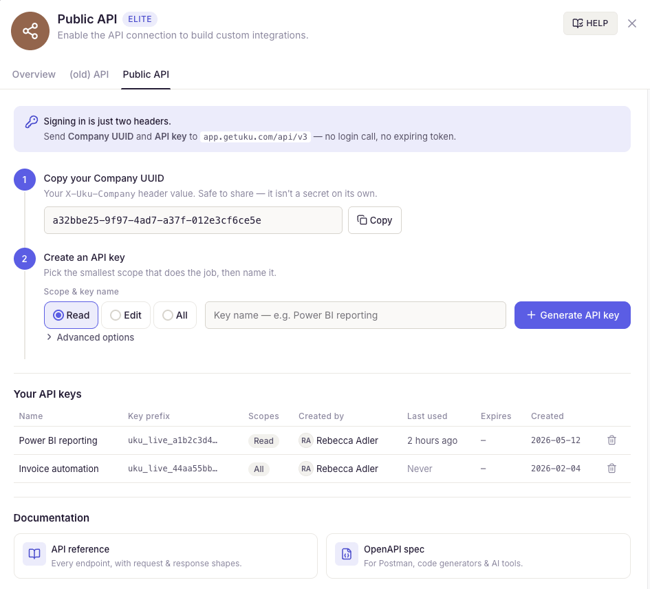 Uku public API — pull firm data into Power BI, spreadsheets, and other BI tools