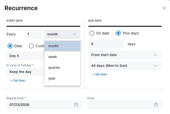 Uku recurrence setup — start-date pattern (monthly, weekly, quarterly, yearly), due-date rules, and holiday handling