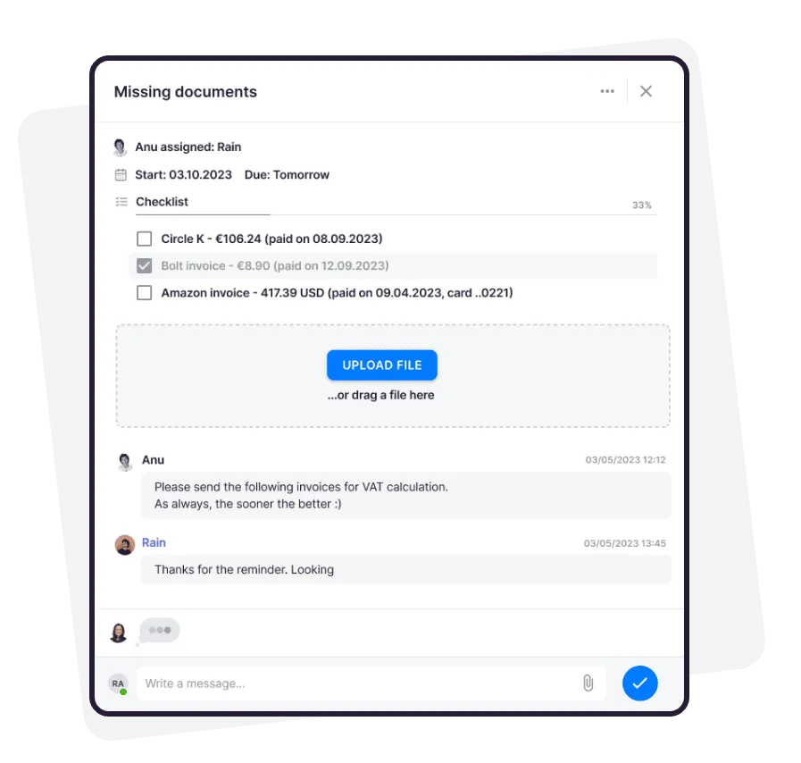 Client portal — missing documents checklist with upload button