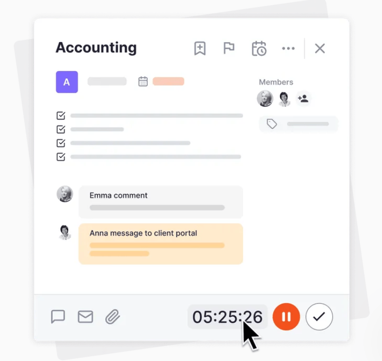 An Uku task card for Accounting — checklist, two members, an internal comment from Emma and a message from Anna to the client portal, with a running timer at 05:25:26