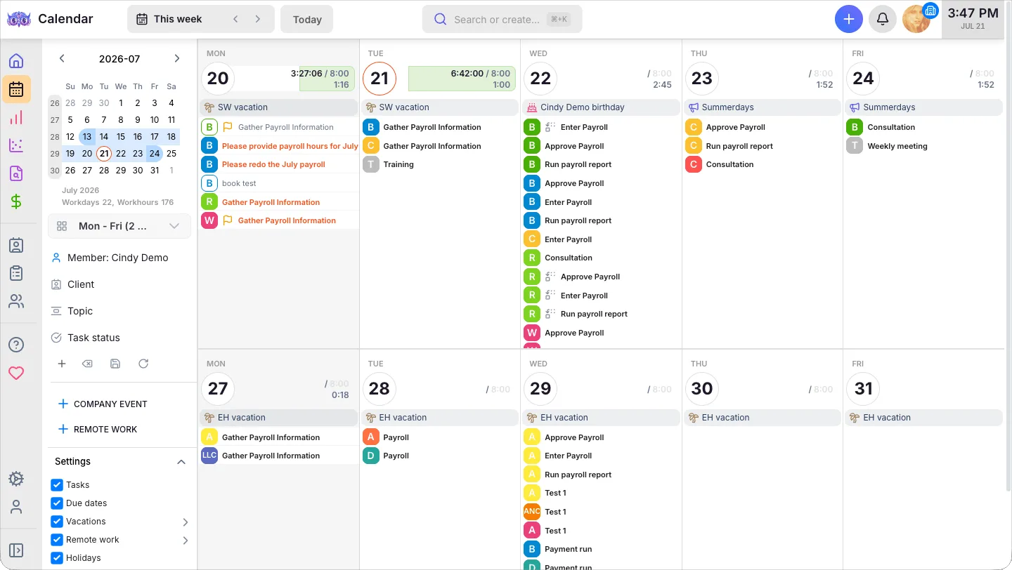 Uku team calendar — a member on holiday with their work automatically reassigned to cover it