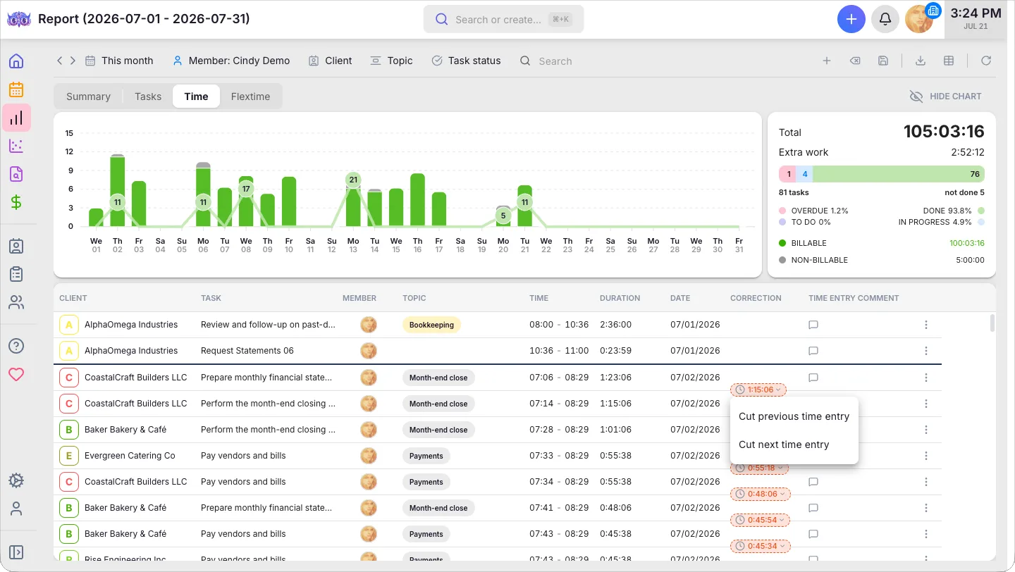 Uku Report Time tab — individual time entries with green gap and red overlap detection lines