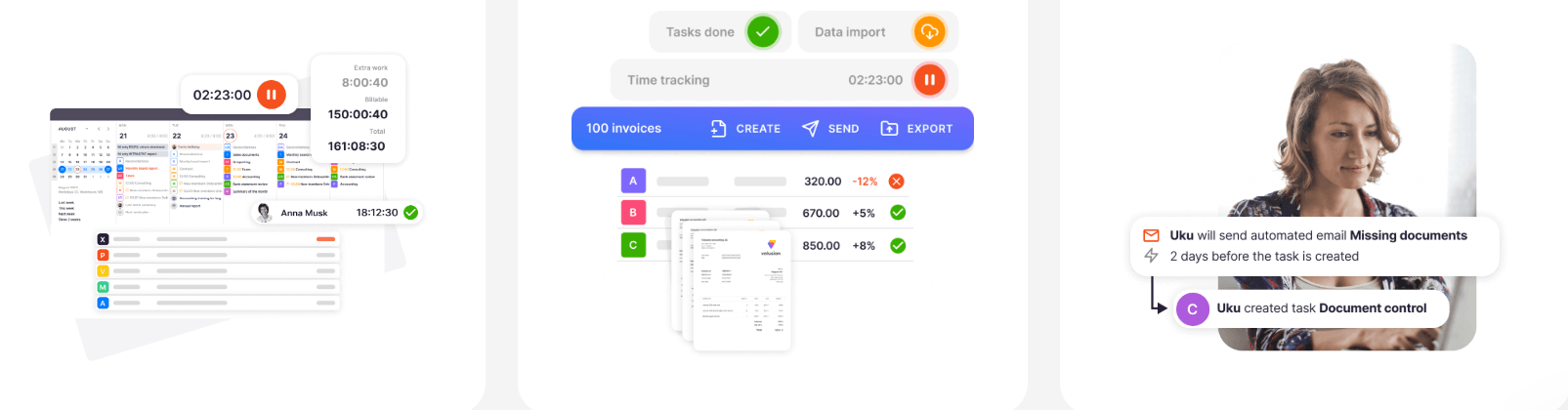 Uku from tracked time to paid invoice — a running timer with extra, billable and total hours over the calendar, 100 invoices created, sent and exported in one batch with each client's change flagged, and an automated Missing documents email that Uku sends two days before creating the Document control task