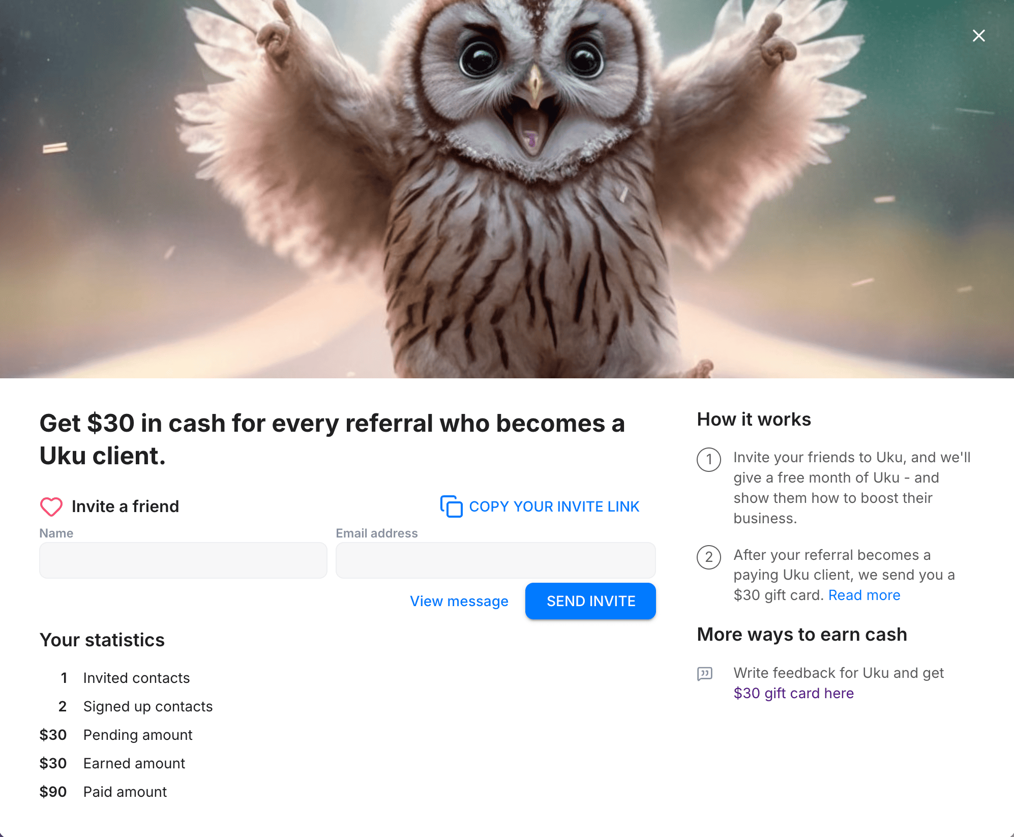 Uku in-app Refer a friend tool showing invite form, statistics, and how-it-works steps