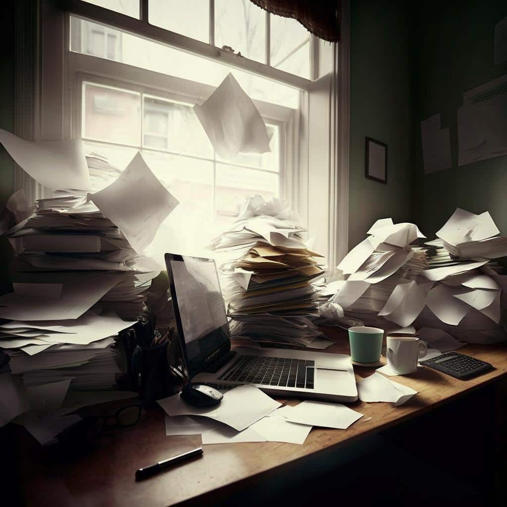 A pile of papers on an office desk