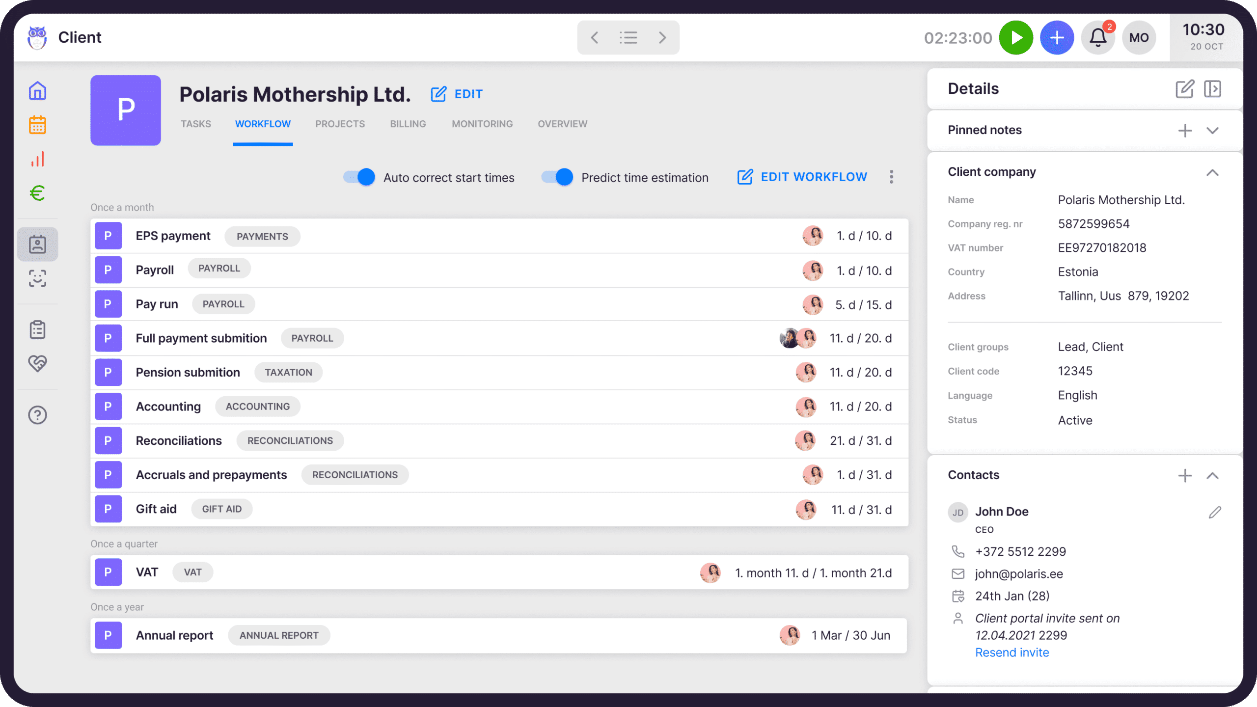 Uku's client profile view with recurring tasks