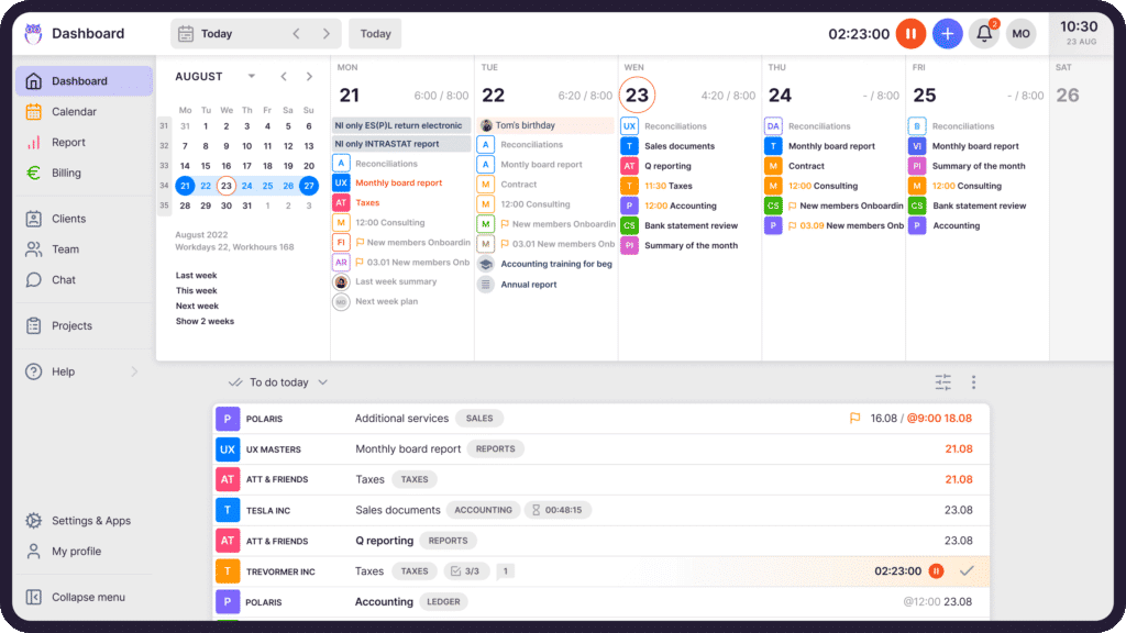 Uku's dashboard and calendar view