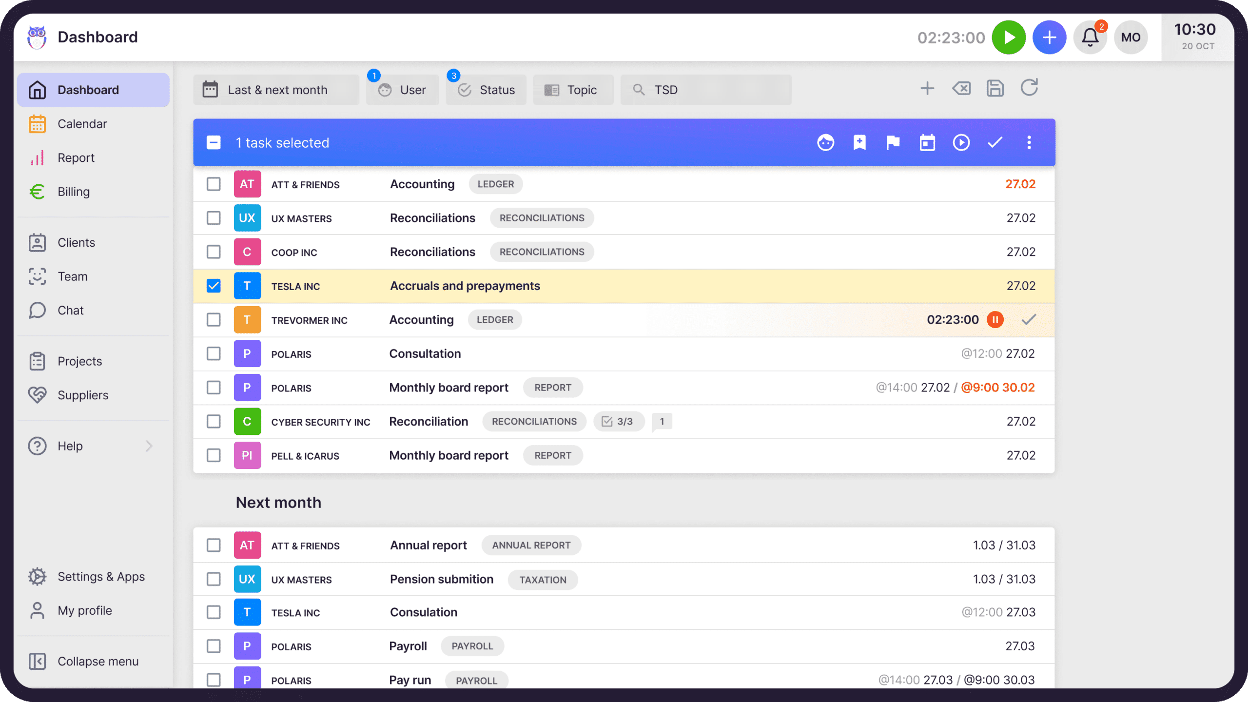 Uku's dashboard view with multiselected task