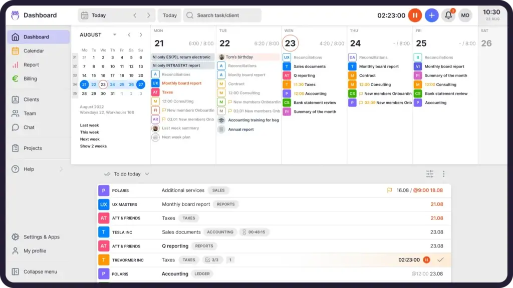 Uku’s Calendar and dashboard view for accounting firms