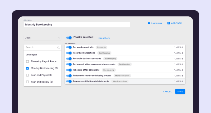 Monthly bookkeeping template preview showing 7 essential tasks