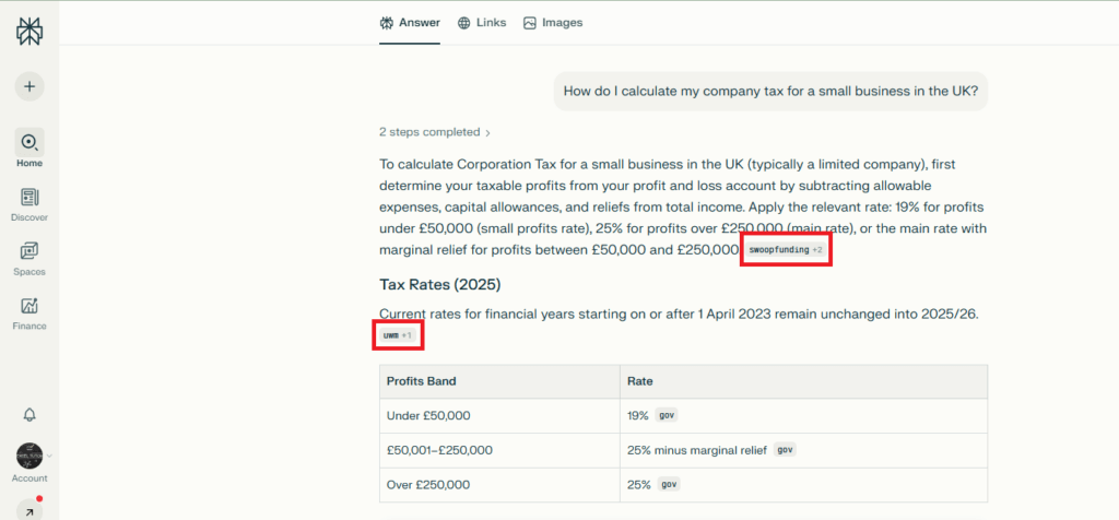 Perplexity AI citing sources for UK small business tax calculation query.
