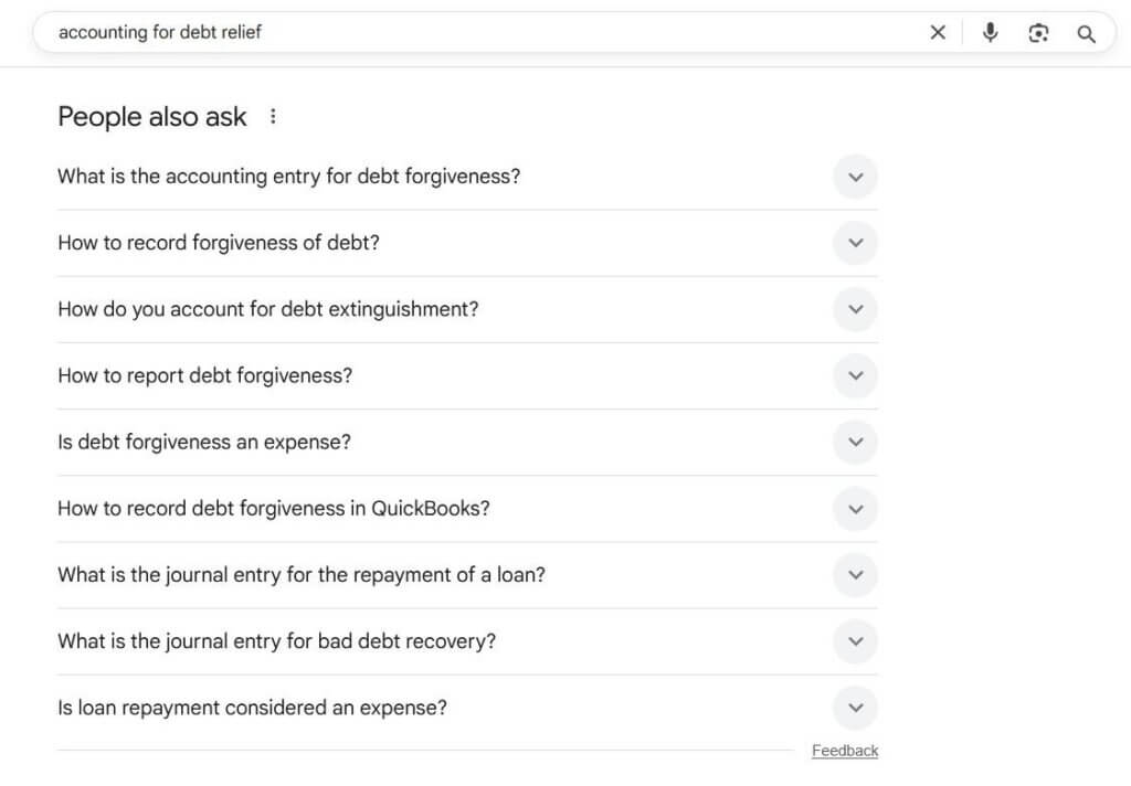 Google People Also Asked (PAA) section for accounting debt relief queries.