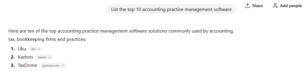 ChatGPT search results showing top accounting practice management software lists.