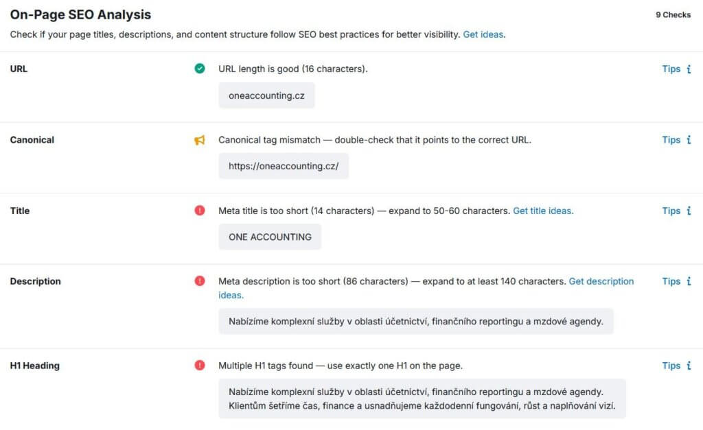 SEO audit tool showing meta tag issues on an accounting firm website.