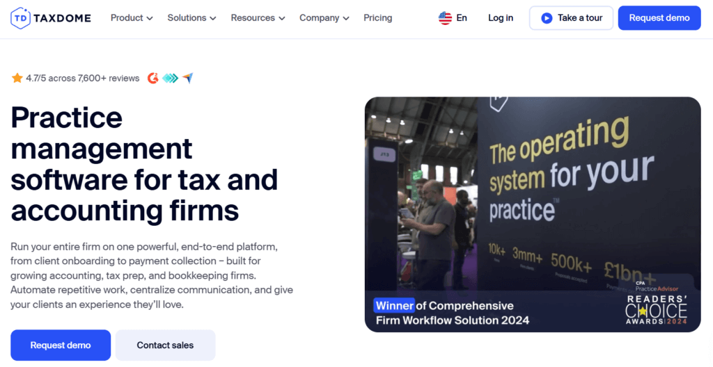 TaxDome practice management software homepage for tax and accounting firms