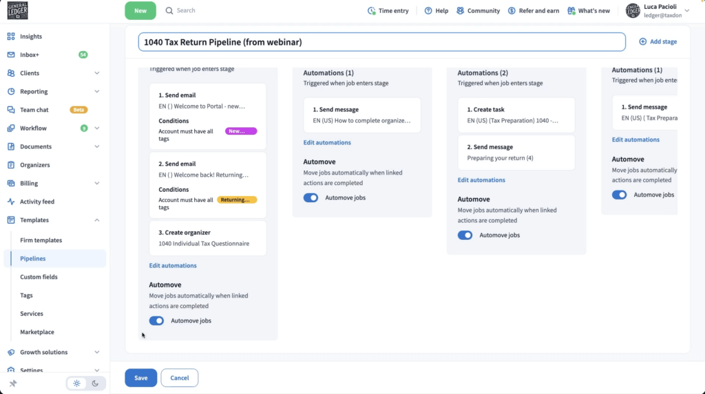TaxDome pipeline automation with conditional logic and automove settings